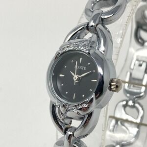 Haste Watch Women 19mm Silver Tone Black Dial Leaves Leaf Band New Battery 7.5"